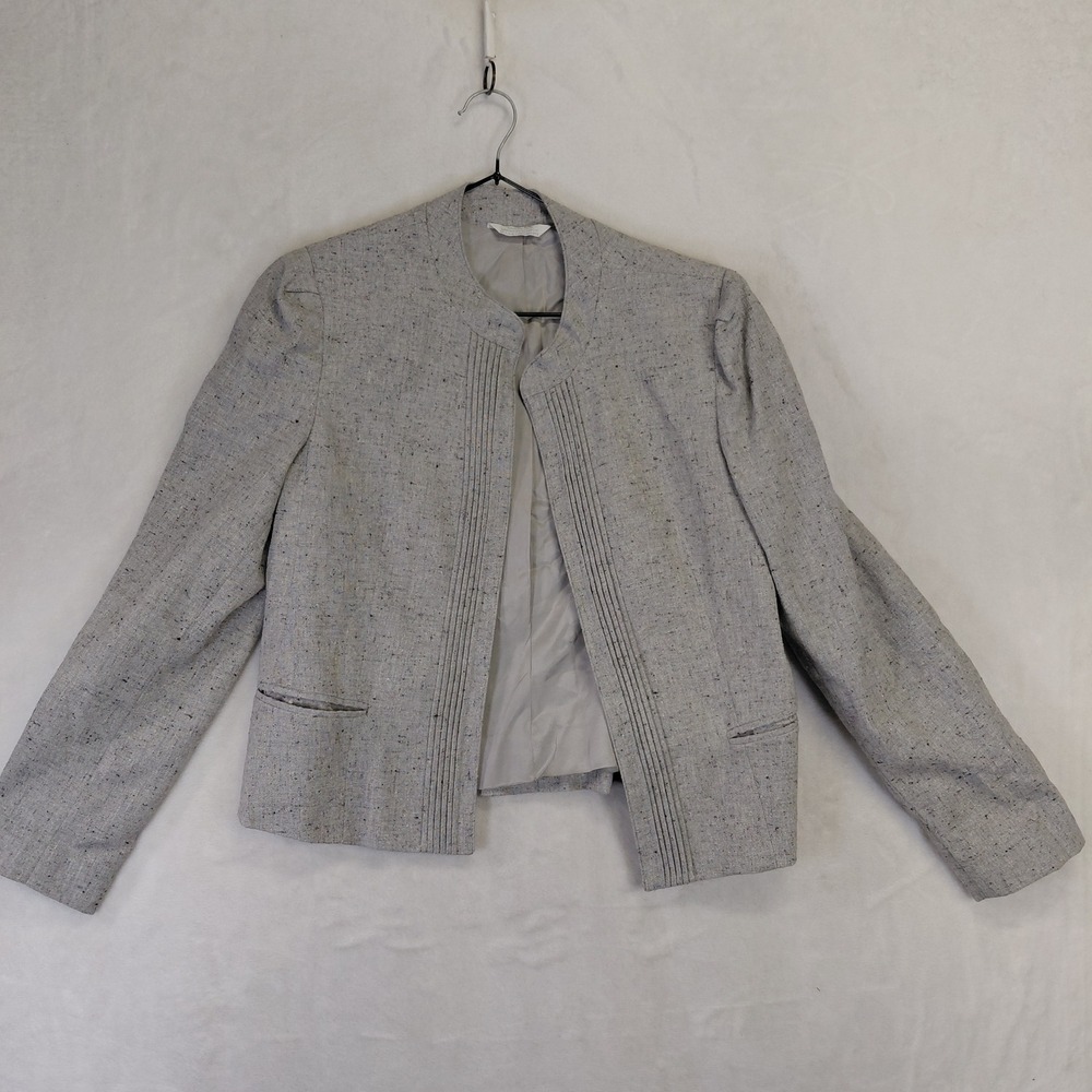 Vintage Light Gray Tweed Pintuck Open Front Blazer Jacket Mandarin Collar
